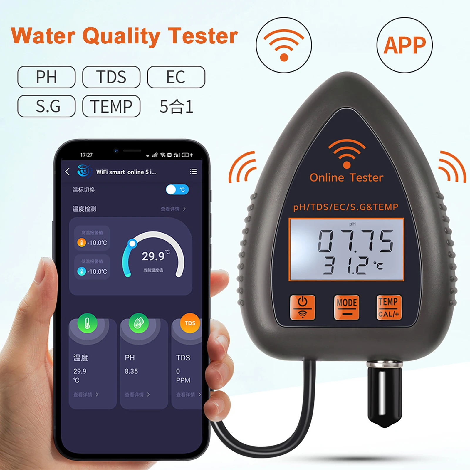 

5 IN 1 Mini WiFi bluetooth Water Quality Detector PH TDS TEMP EC SG Salinity Analyzer LCD Digital Display Smart Detector