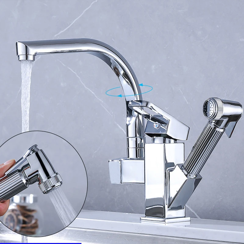 

Black/Chrome Kitchen Sink Faucet with Pull-Out Spray Gun, Hot Cold Water Mixer Tap 360° Swivel Spout for Home Kitchen
