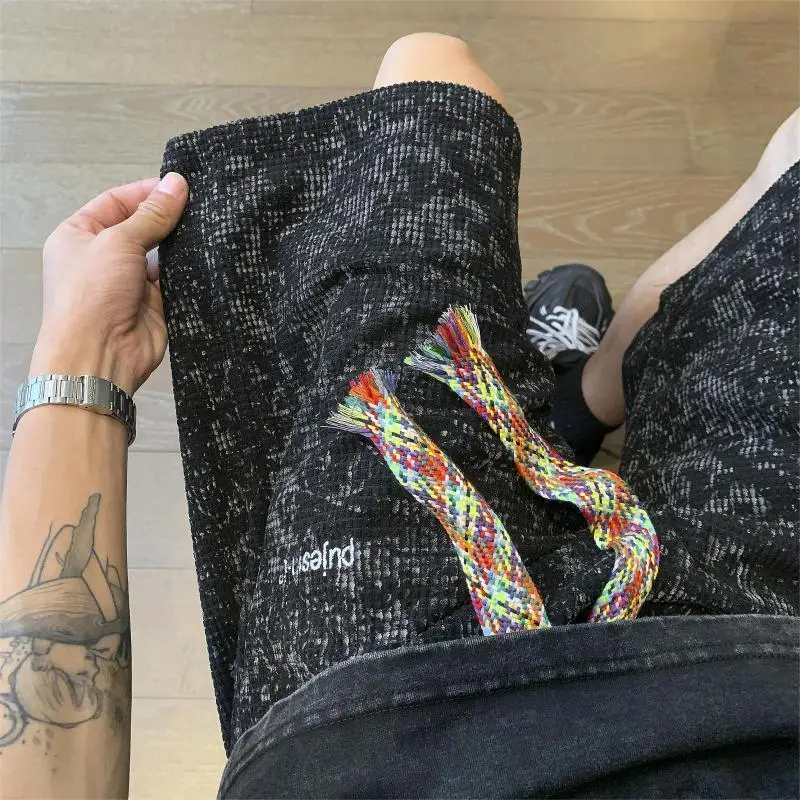 

Мужские винтажные шорты тай-дай с цветовыми блоками, вышивкой, в стиле High Street, повседневные, широкие, летние, вафельные, свободные, 5-точечные брюки