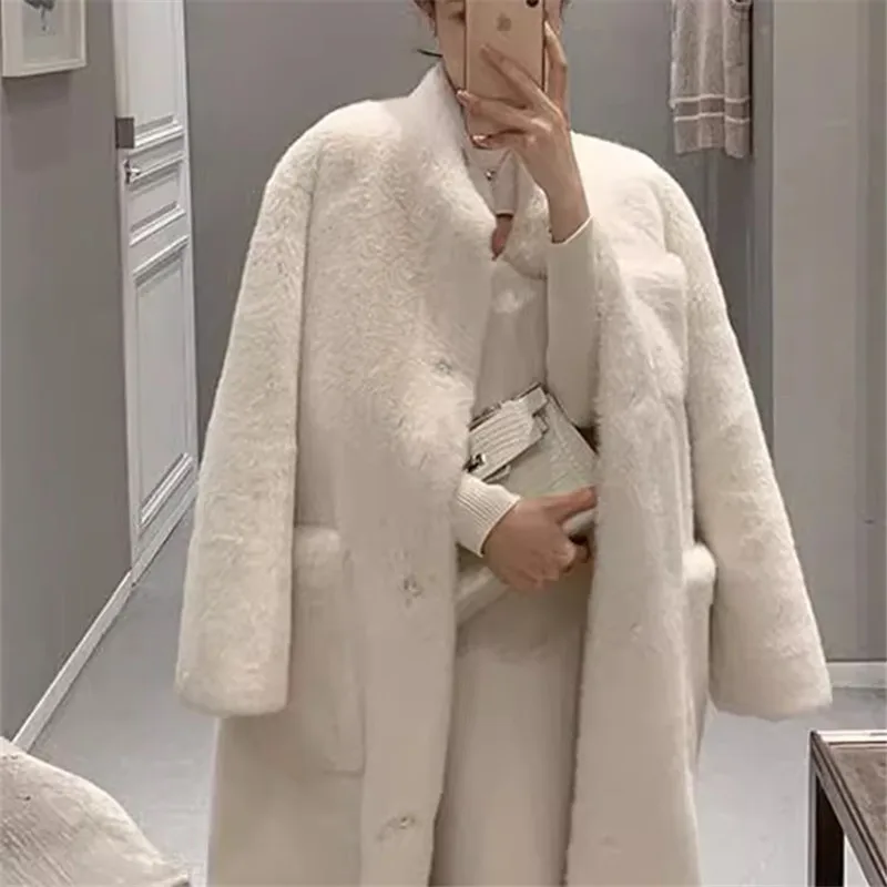 Korean Faux Fur Jacket Women Winter New Fashion Stand Collar Pockets Mid-Length Lamb Thick Fur Coat Female Loose Overcoat W507