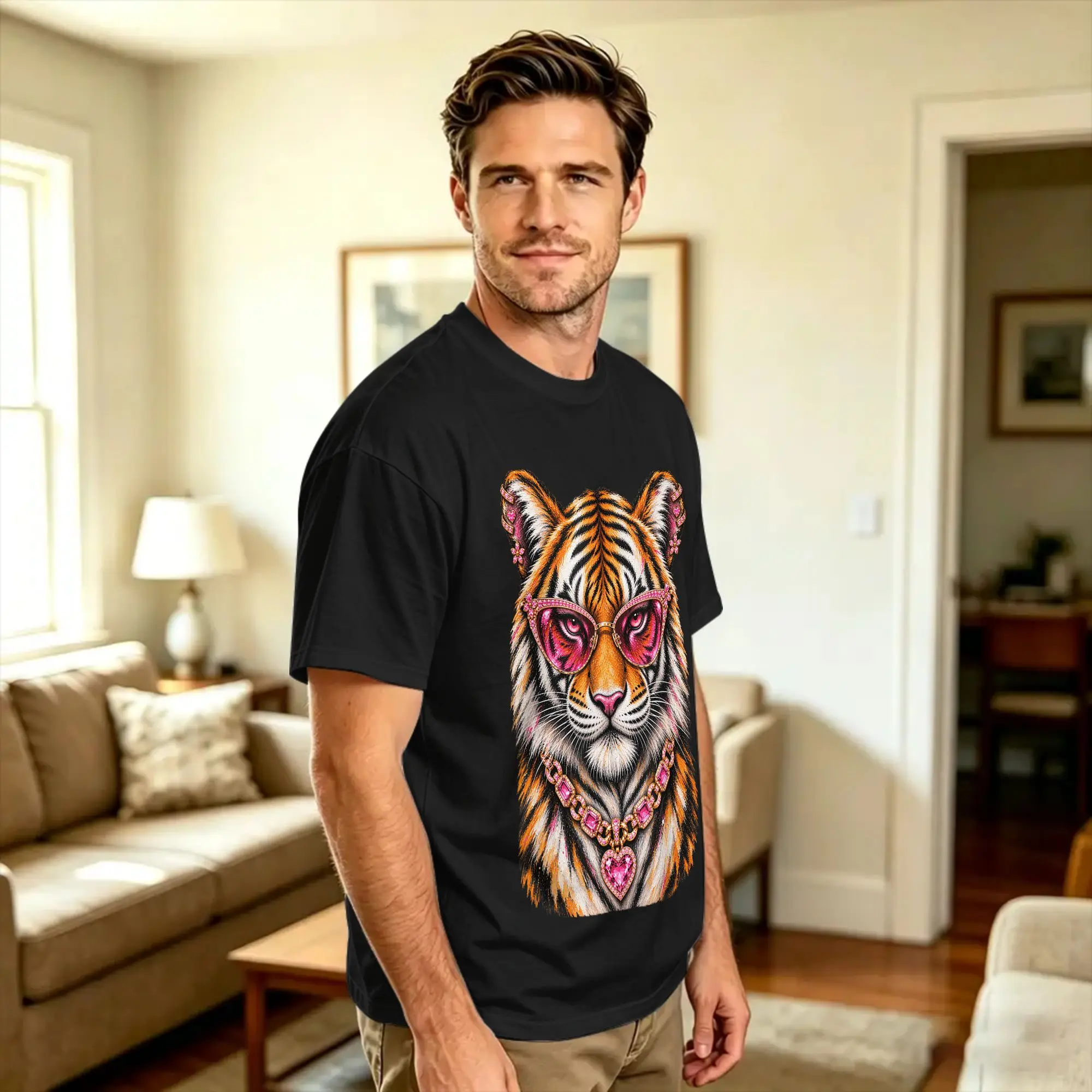 Harajuku T-Shirt Bougie Tiger Girly Pink Aesthetic Glam Sunglasses 100% Cotton T-Shirts  Novelty Tee Shirt for Male Y2K Top Tees