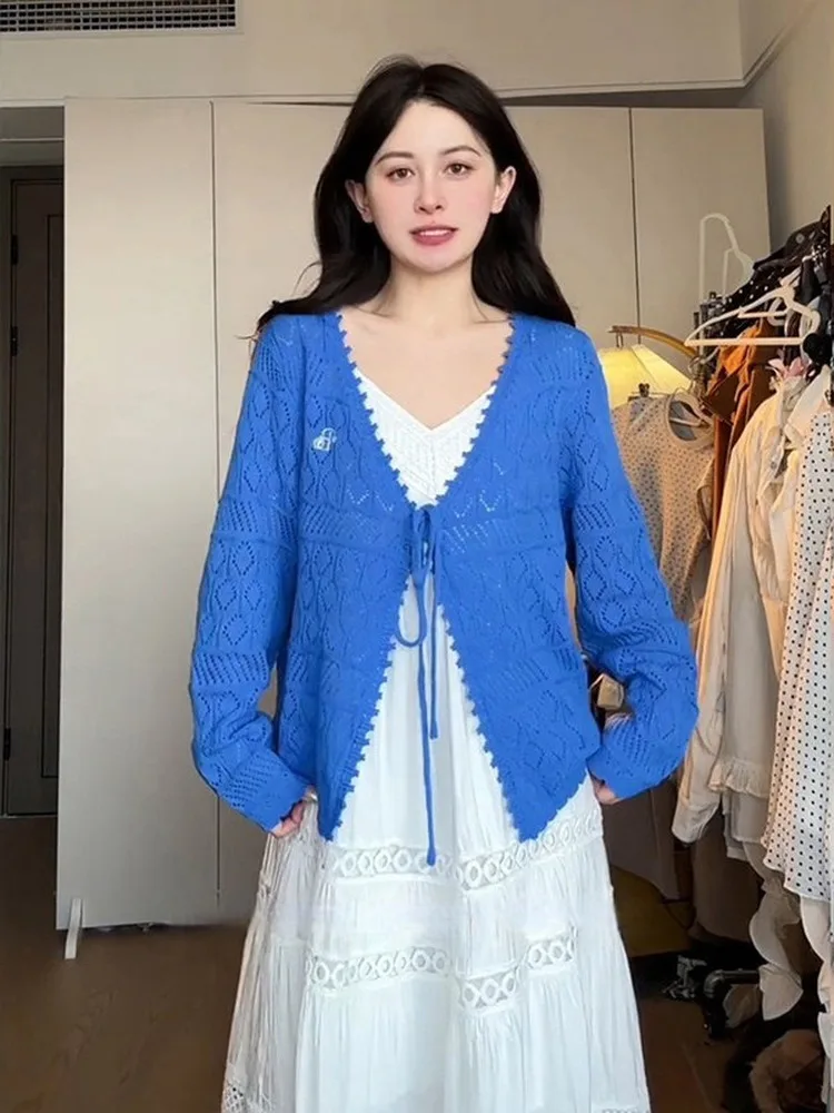 

Blue Hollow out Ice Silk Knitted Cardigan Women's Summer Outerwear Loose Slimming Thin Sun Protection Coat Open Cardigan