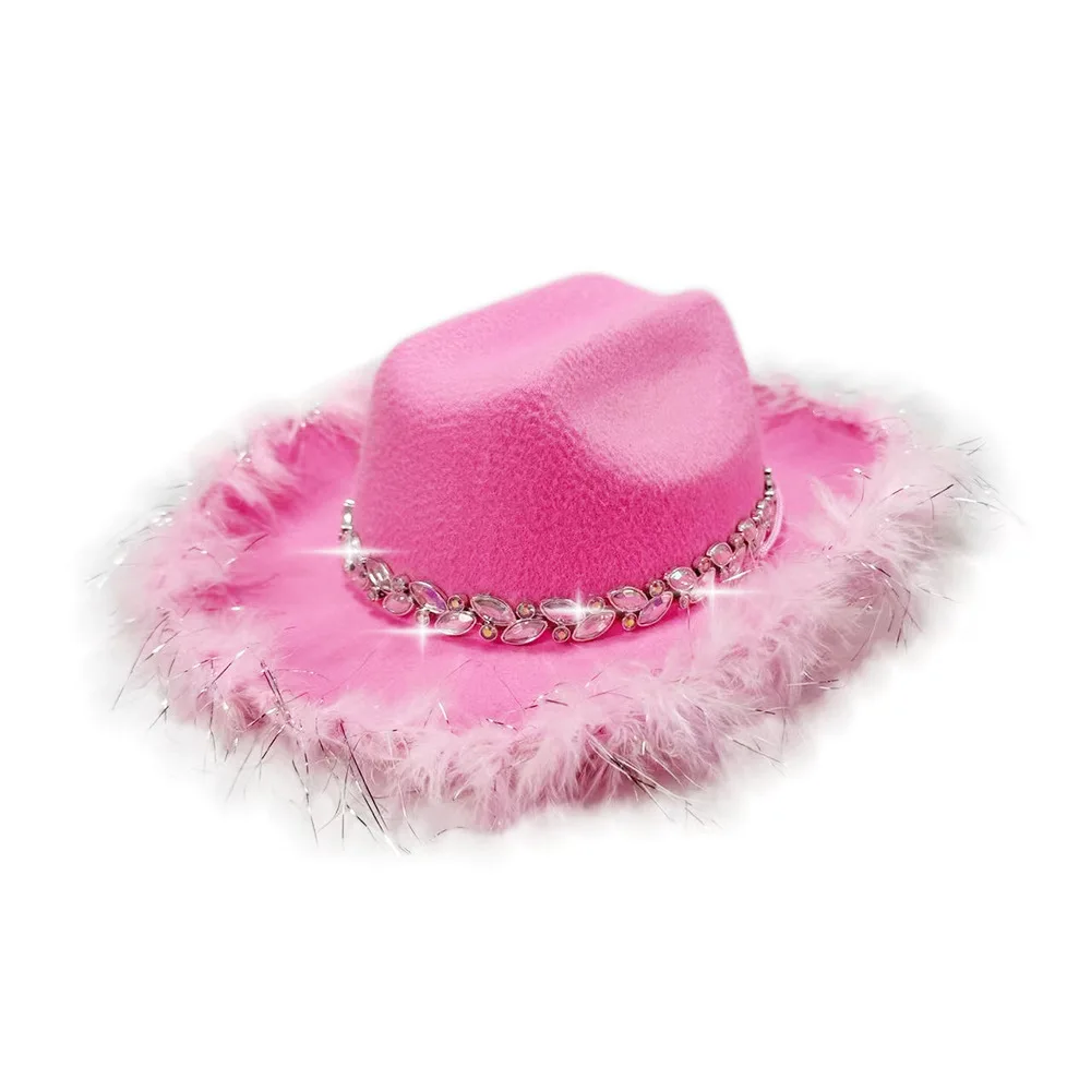 Chapeau de Cowboy pour enfants, chapeau à bord de plumes en feutre, chapeau de fête d'anniversaire, casquette de Costume de spectacle scintillant pour spectacle de mariage Disco