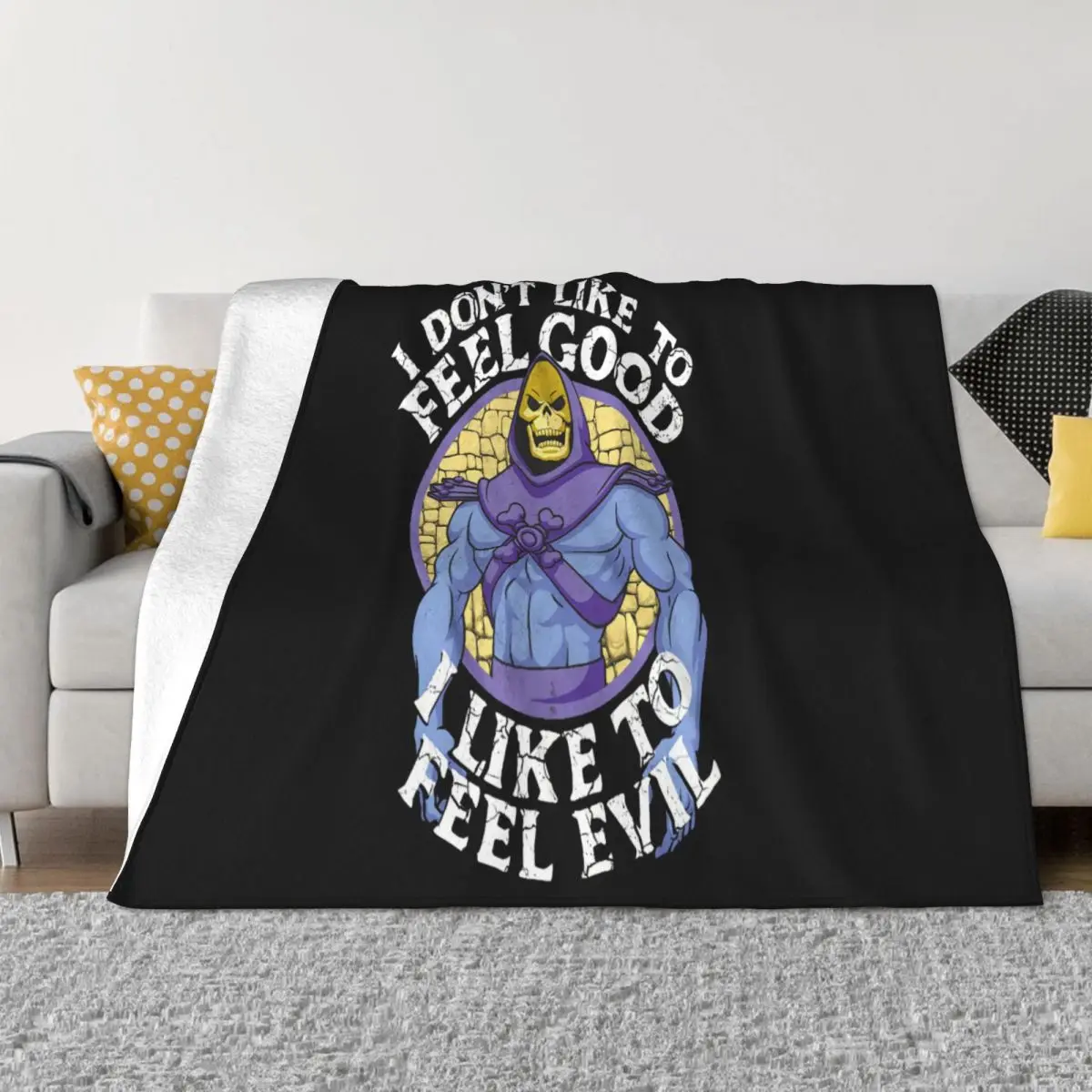 Masters Of The Universe Skeletor Like To Feel Evil Mens He Man Eternia Music Slogan Creative Design Throw Blanket