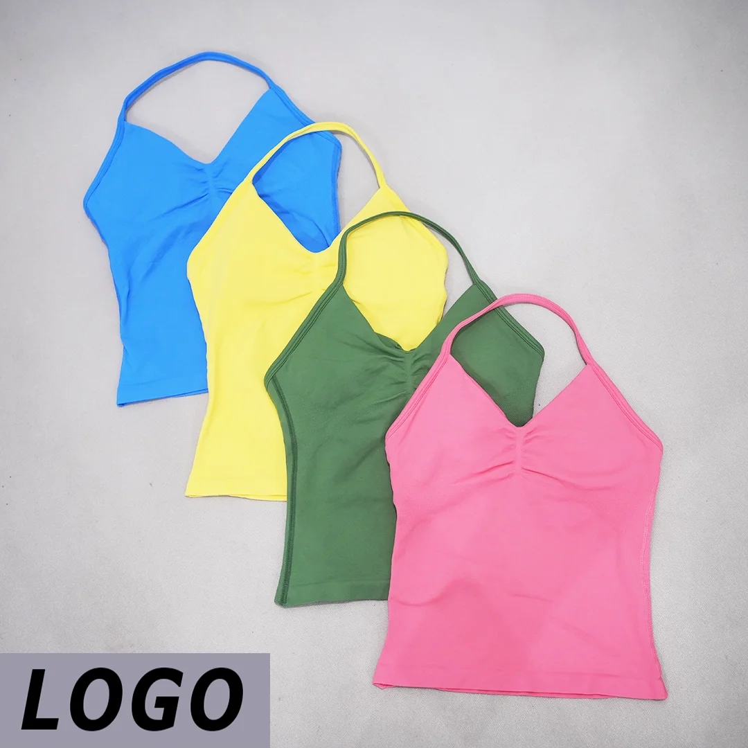 DF-logo Women Strappy Seamless Yoga Vest V-Neck Longline Tank Top Removable Pads Breathable Elastic Gym Fitness Running Sports