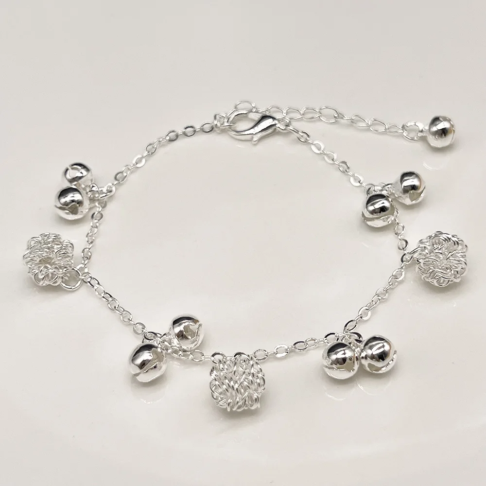 2PCS Silver Rose Pendant Bell Bracelet Adjustable Extender Chain Friendship Jewelry Gift for Women's Holidays
