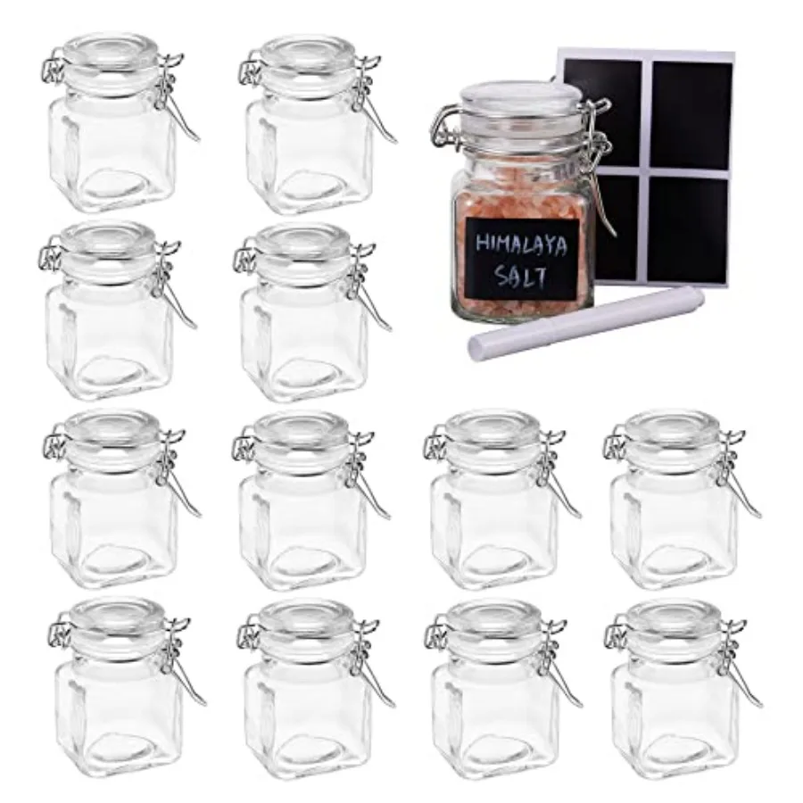 

Oak Steel 12 Pack 3.4oz Small Airtight Glass Spice Jars with Lids Clip Top 24 Labels Chalk Pen Ideal for Kitchen Organization H