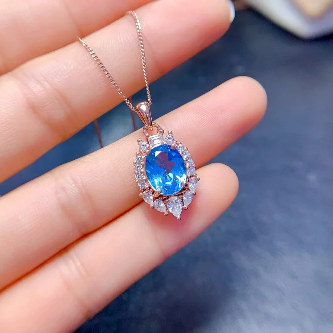 Solid 925 Silver Crystal Clear Blue Topaz Pendant 8mm*10mm 3ct Natural Topaz Necklace Pendant with 3 Layers 18K Gold Plating