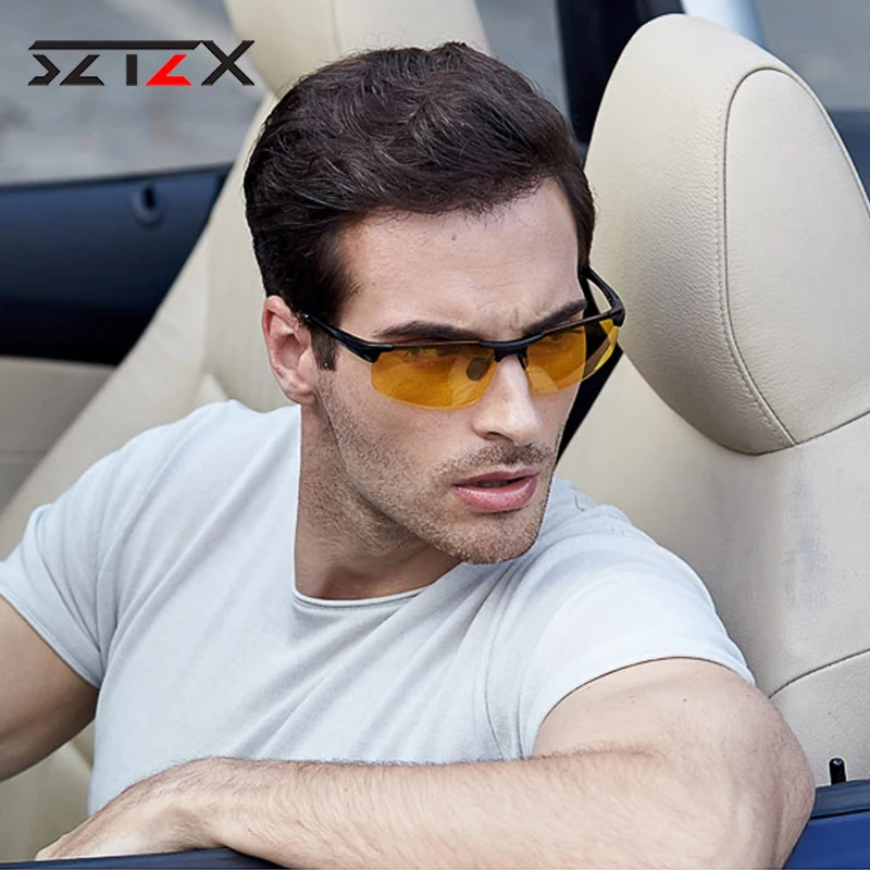 SZTZX Anti-Glare Day Night Vision Photochromic Glasses Men Polarized  Driving Fishing Glasses Aluminum Rimless Riding Goggles