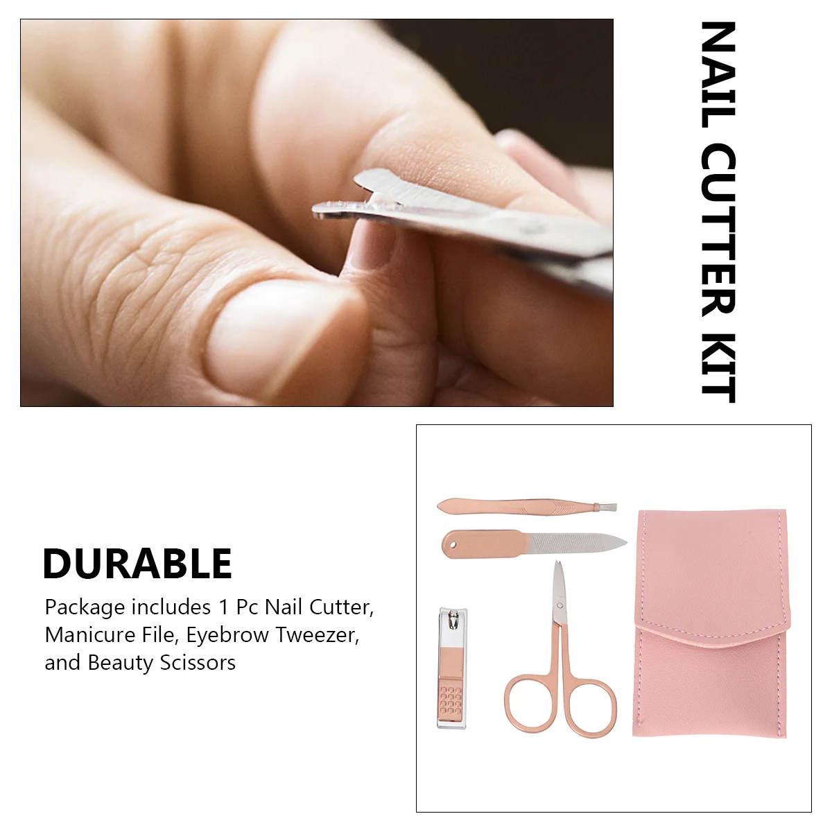 Zestaw do manicure ze stali nierdzewnej w kolorze różowego złota, pilnik, pęseta do brwi, nożyczki kosmetyczne, etui PU do użytku domowego i w podróży.