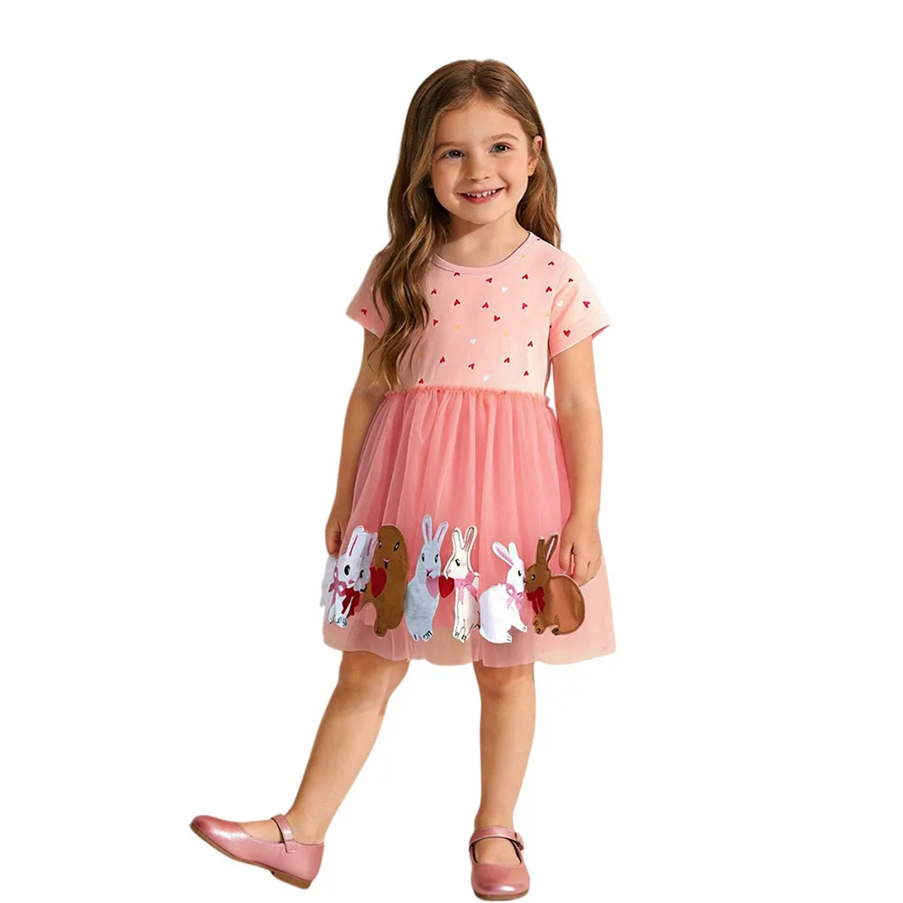 

2026 New Style Summer Mesh Princess Party Girls Dresses Short-Sleeve Rabbits Embroidery Toddler Tutu Birthday Wear Kids Frocks