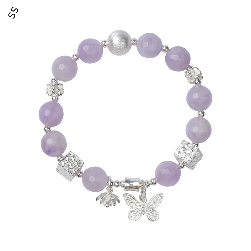 

Natural Crystal Amethyst Bracelet S925 Sterling Silver Bangles with Butterfly Ornaments Purple Beads Super Charms Hand Accessory