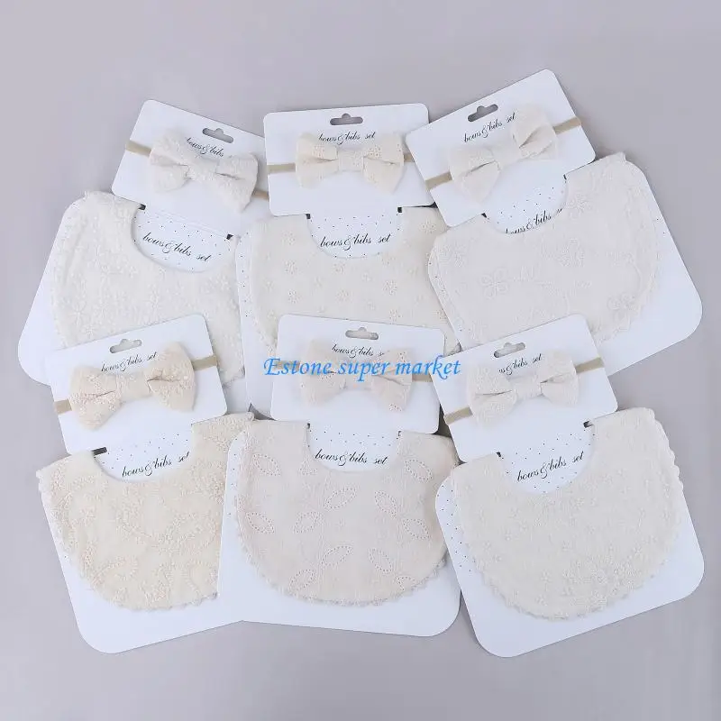 

090B Baby Bib Scarf Embroidery Printing Feeding Smock Bowknot Hair Band Set Saliva Towel Bandana Elastic Bows Headband Infants