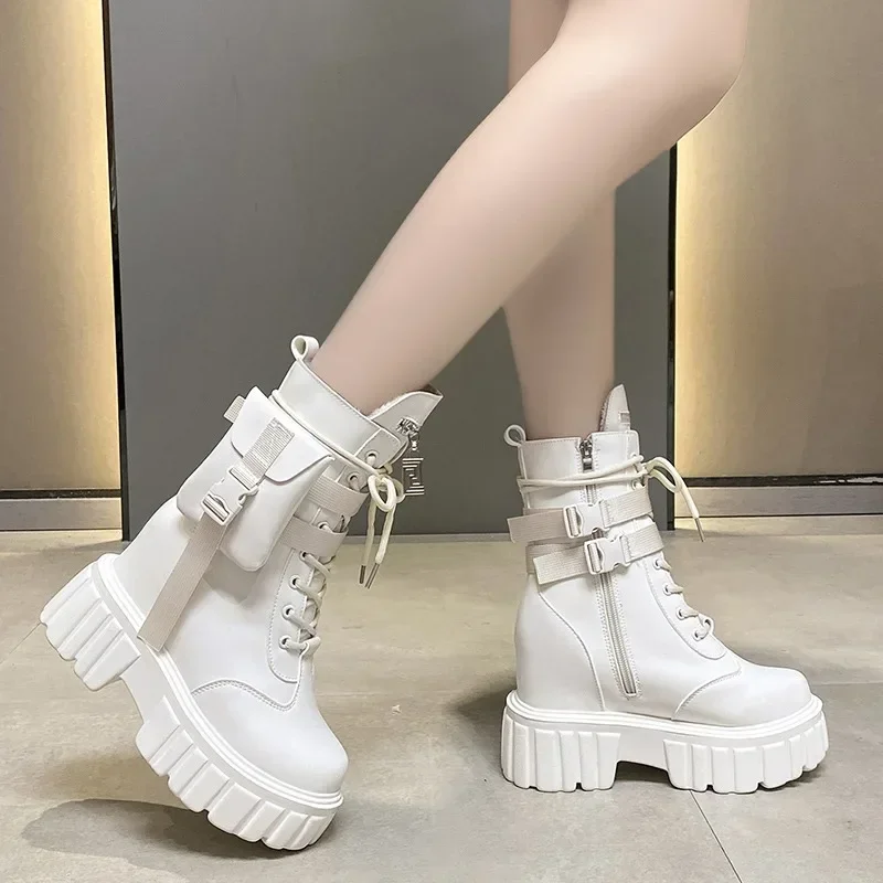 Botas de couro para mulheres, sapatos de plataforma alta, tênis de salto grosso, dedo do pé redondo, curto, pele, motocicleta, quente, inverno, 10cm