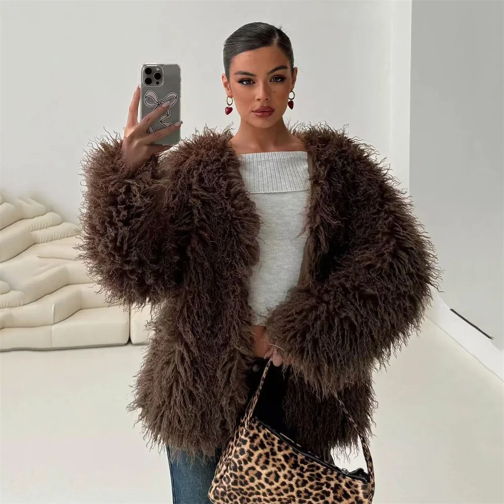 Abrigo de invierno de piel sintética para mujer, abrigo de lana de imitación gruesa de felpa, ropa informal con botones ocultos a la moda para mujer, abrigos de invierno para mujer