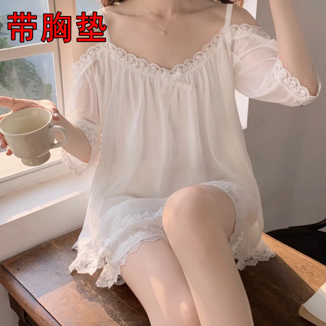 

Односложный сетчатый пижамный комплект на плечах, нагрудник, домашняя одежда, тонкий женский корт в стиле принцессы чистого желания весенне-летнего двора # 333