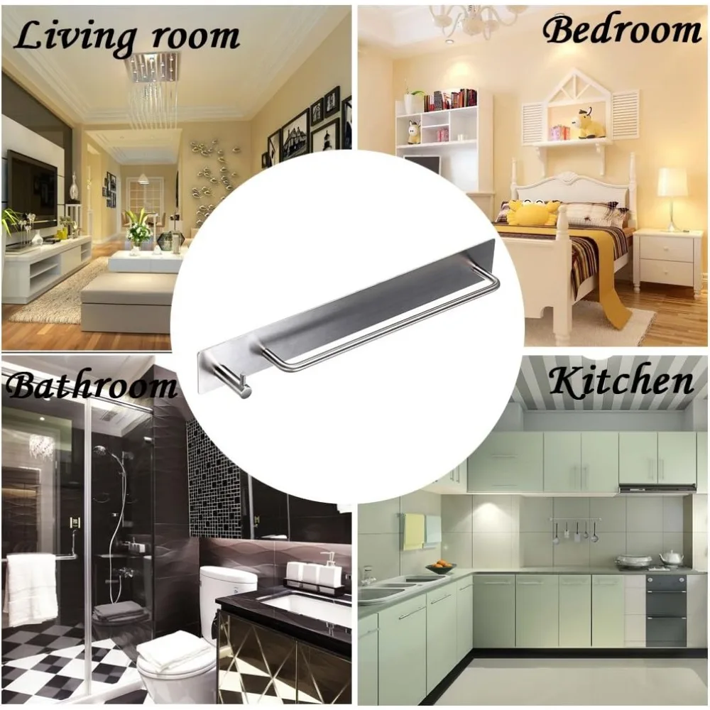 towel bar rack with hook, 13.38 inch 3m self adhesive stainless steel towel holder organizer for bathroom kitchen bedroom, brus