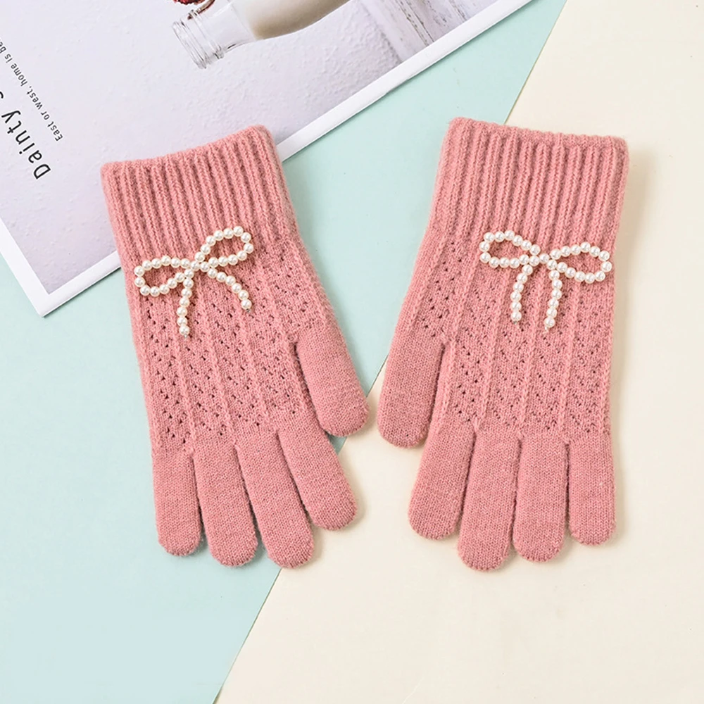 Winter Knitted Gloves Pearl Bow Knot Decor Hand Protector Korean Style Full Finger Mittens Harajuku Girls Gothic Lolita Gloves