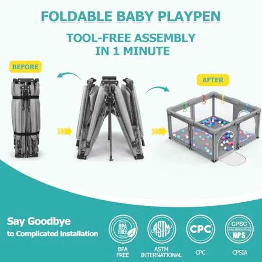 Składany kojec do zabawy, centrum aktywności wewnątrz i na zewnątrz, ogrodzenie do zabawy, bezpieczna strefa dla niemowląt w wieku 6-12 miesięcy, prezenty dla niemowląt (127 cm × 127 cm)