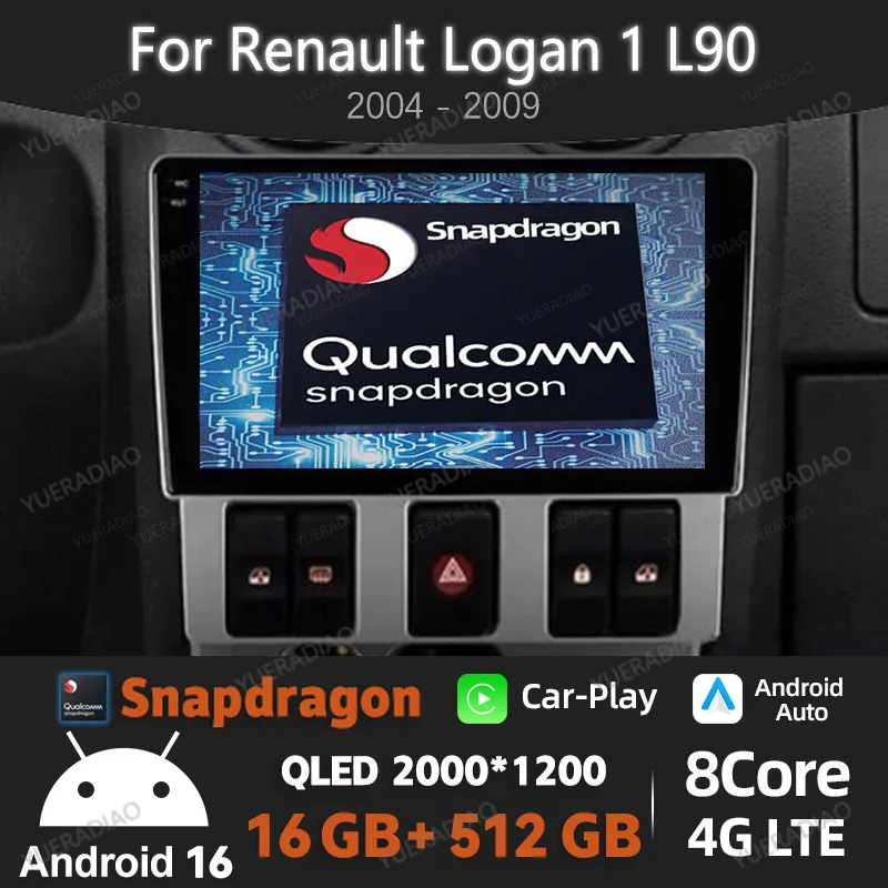 Rádio Automotivo Android 16 para Renault Logan 1 L90 2004 - 2009 GPS NAVI 4G WIFI BT Multimídia Reprodutor de Vídeo Unidade Principal 2DIN QLED LTE 5G