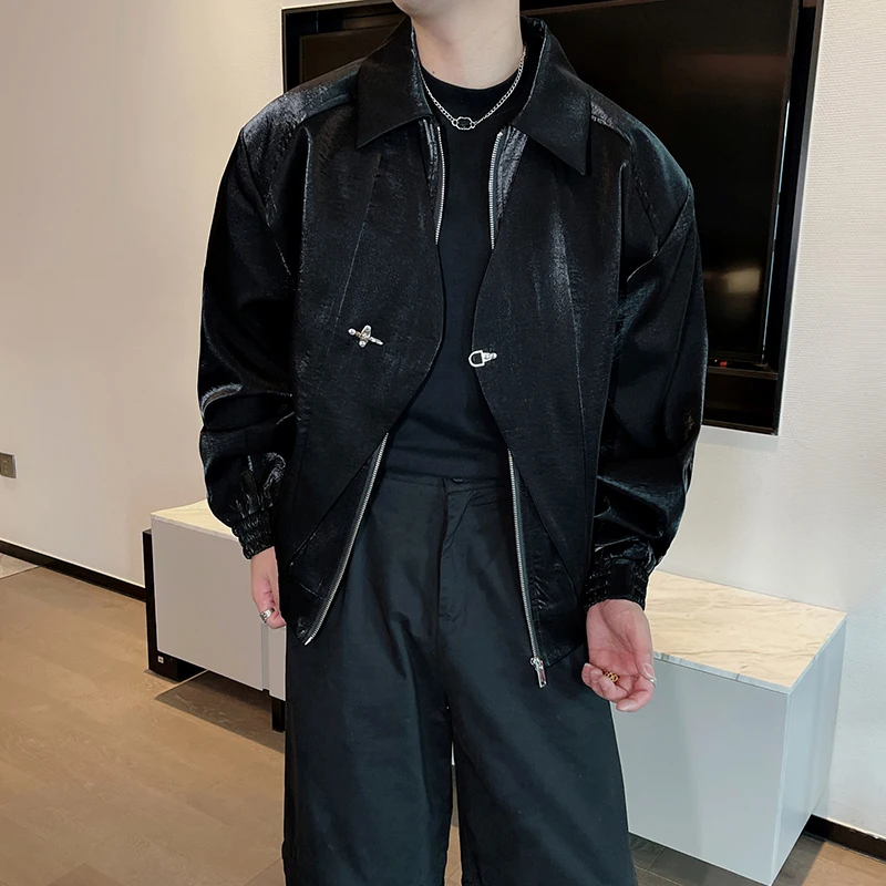 

High-end Liquid Metal Design Fake Two-piece Jacket Men's Loose Handsome Short Jacket Casual Oversized Hip-hop Streetwear coats