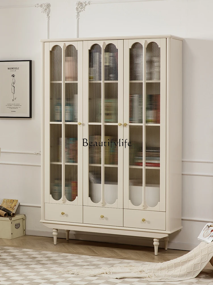 

French cream style three-door bookcase combination two doors with glass door all solid wood American simple floor cabinet