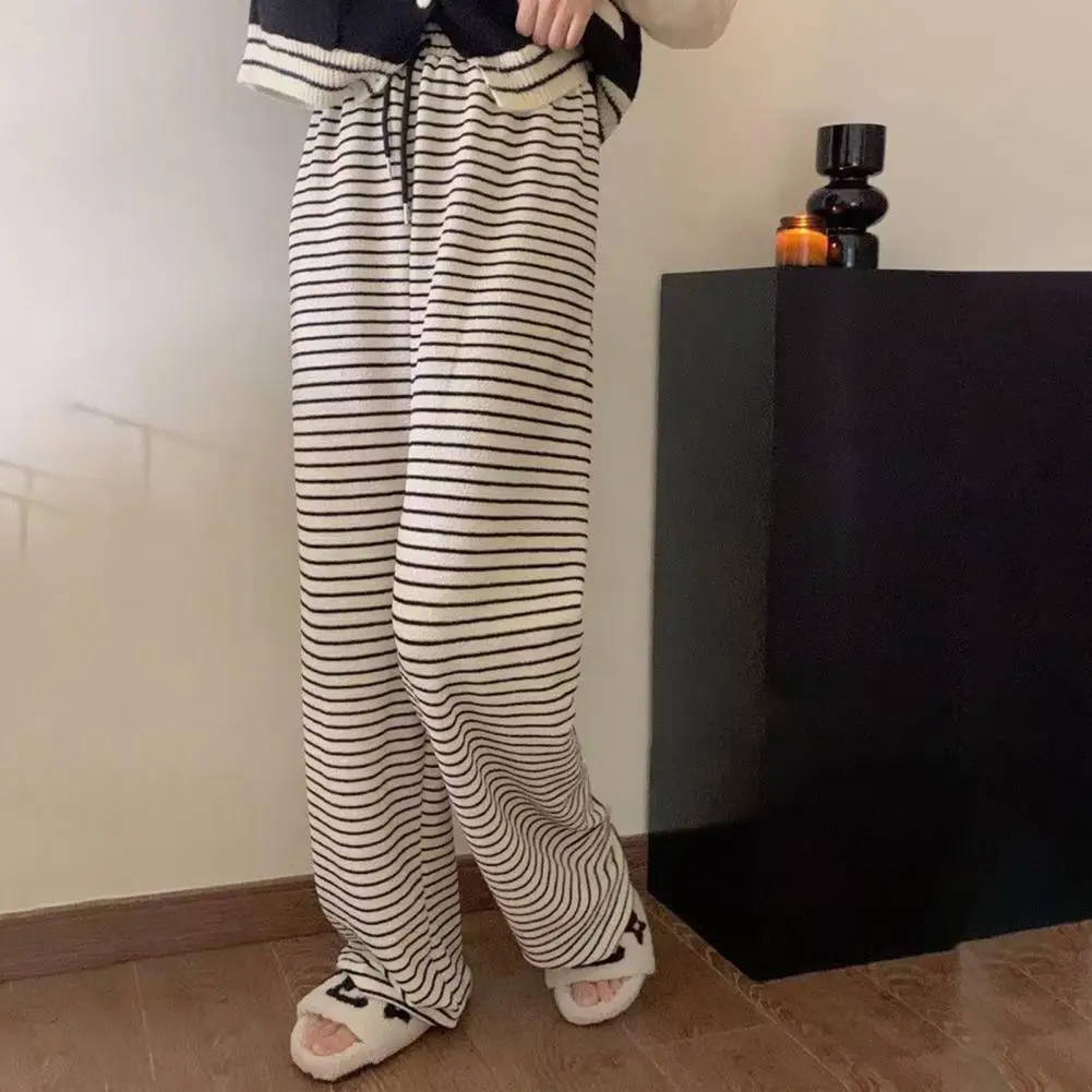 Black White Stripes Print Pants Elastic Drawstring Waist Wide Leg Long Trousers Women Casual Pants Streetwear