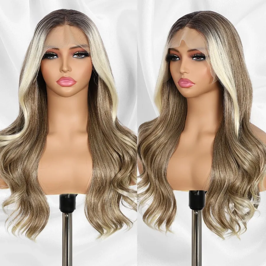 Aschblonde Lace-Front-Perücke, 13 x 4, vorgezupft, Highlight-Körperwelle, synthetische Lace-Front-Perücke für Frauen, hitzebeständiges Haar, 55,9 cm Da