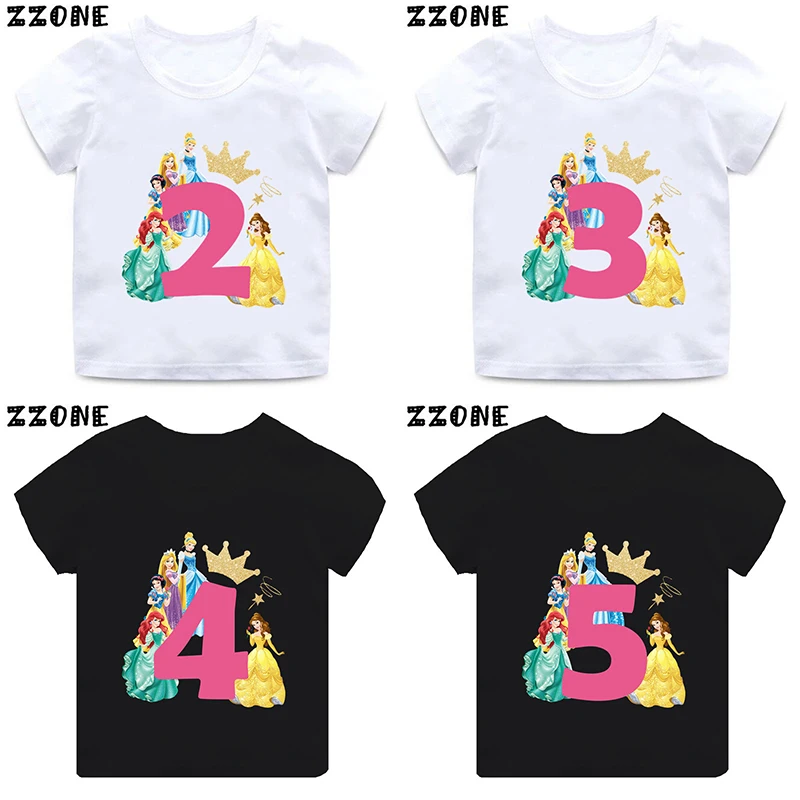 Disney Princess Number Print Kawaii Girls Clothes 1 2 3 4 5 6 7 8 9 Years Birthday Cartoon Kids T shirt Baby Children T-Shirt