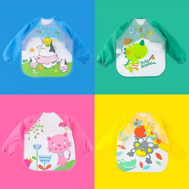 Cute Cartoon Animals Baby Bibs, impermeável, Full Sleeve, Crianças Avental, Alimentação, Colorido, Crianças