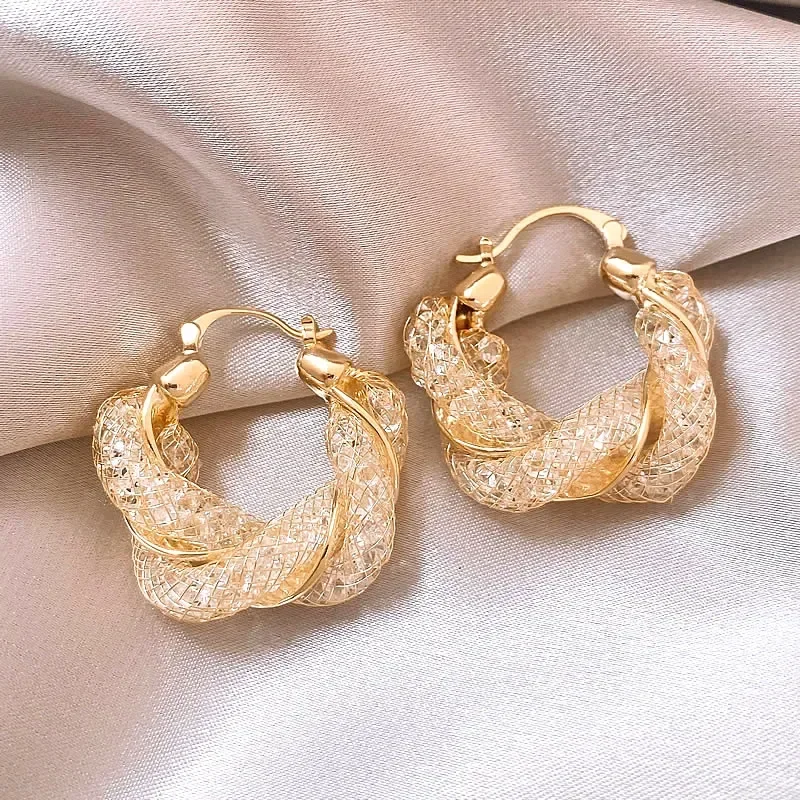 Korean new design fashion jewelry  gold plated twisted mesh crystal earrings Luxury women's evening party accessories