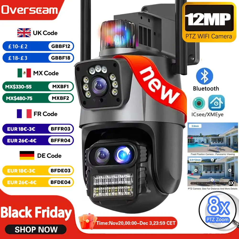 

Внешняя 12-мегапиксельная PTZ IP-камера, Wi-Fi, 8-кратный цифровой зум, уличная двойная камера с автоматическим отслеживанием, беспроводная камера видеонаблюдения iCSee & Xmey