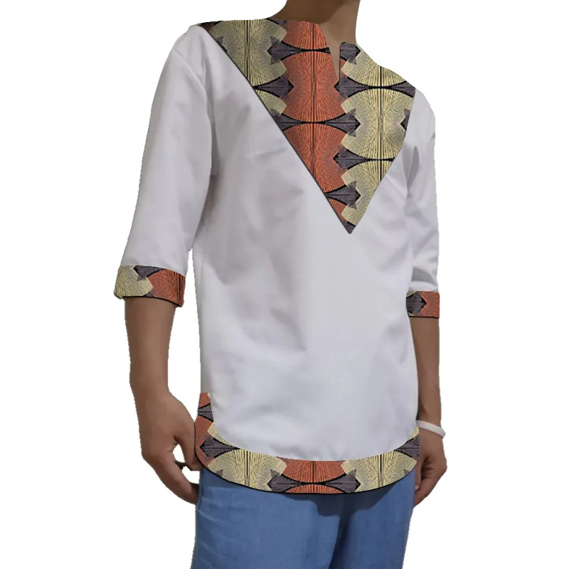 Nigerian Fashion Patchwork Men's V-neck Shirt White Half Sleeve Tops African Dashiki Original Design Party Wear