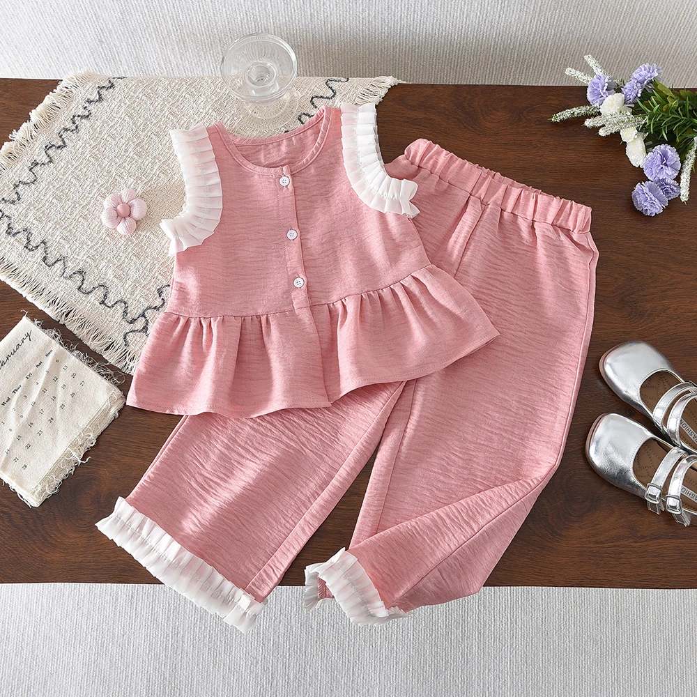 1-10 Years Old Girls' Summer Clothes Korean Version Children's Clothing 2026 Color Blocked Sleeveless Lace Top+Pants Child Sets