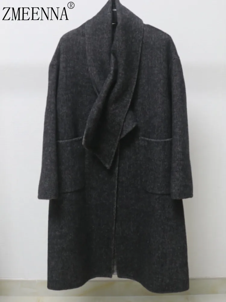 

ZMEENNA Womens Dark Gray Wool Blend Coat Open Front Overcoat Loose Fit Minimalist Winter Outerwear With Large Pockets ZM4302