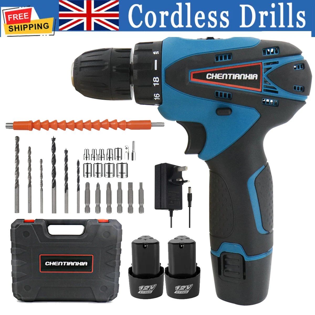 12V Cordless Hammer Drill Set Electric Impact Driver Screwdriver 2* 2.0A Battery