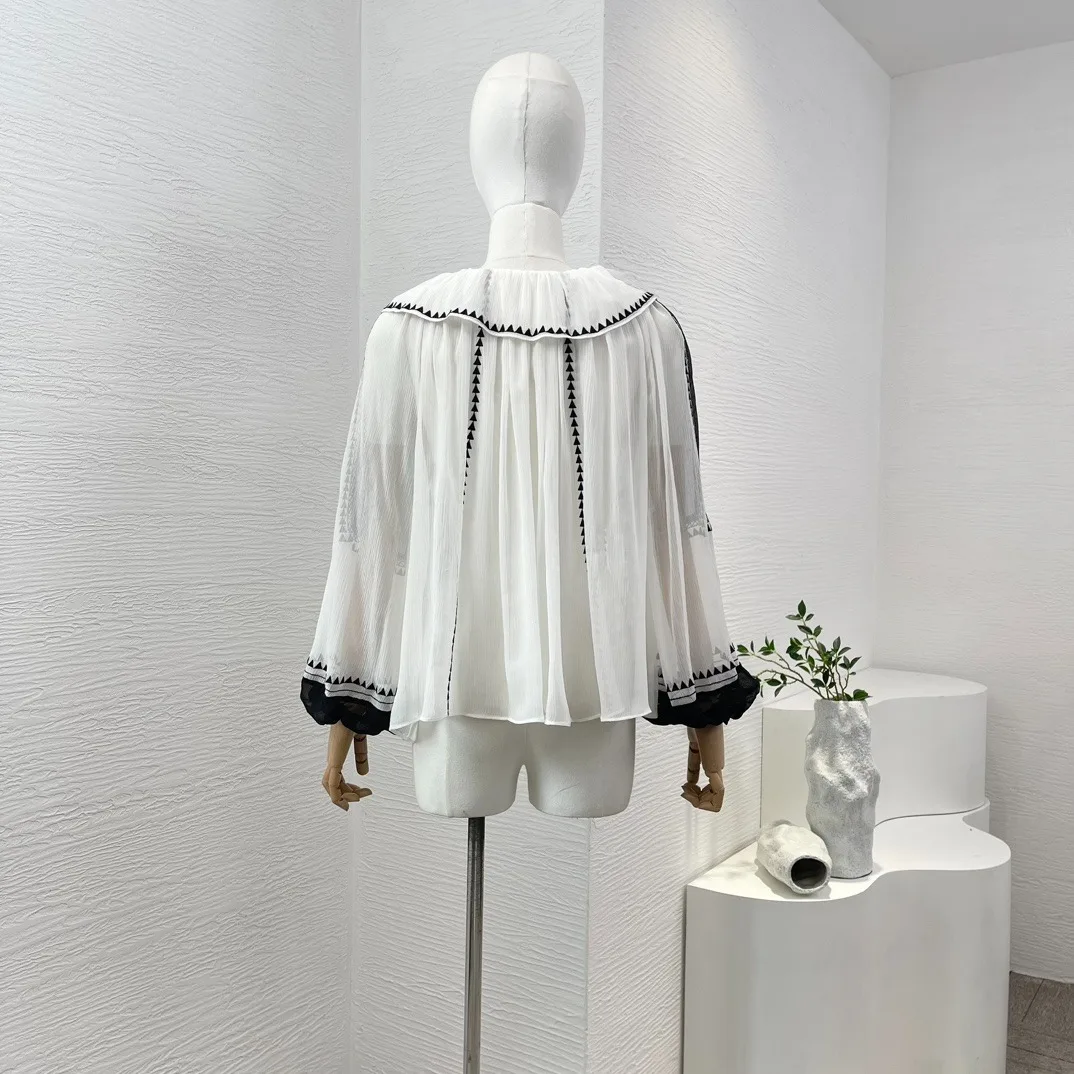 Silk White Black Lantern Long Sleeve Ruffle Collar Tassels Blouse Elegant Fashion Women 2024 Spring Summer High Quality Clothing