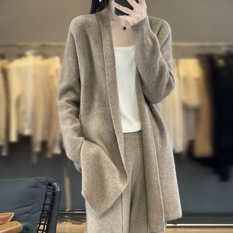 가을 여성용 가디건 100% 메리노 울 라펠 코트 솔리드 컬러 니트 롱 가디건 루즈핏 여성 의류 한국 스타일 코트