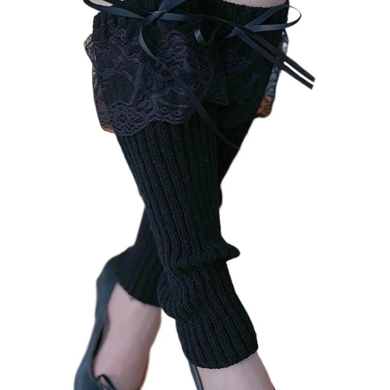 

Women's Aesthetic Ribbed Knit Leg Warmer Knee Length Socks Japanese Styles Lace Trim Ribbon Bowknot Leg Covers Stockings
