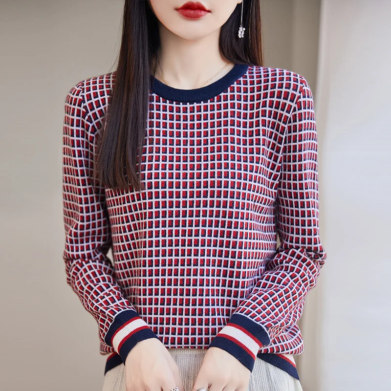 100 pure woolen sweater plaid long-sleeved sweater women loose 2023 autumn new bottoming shirt with a top inside.