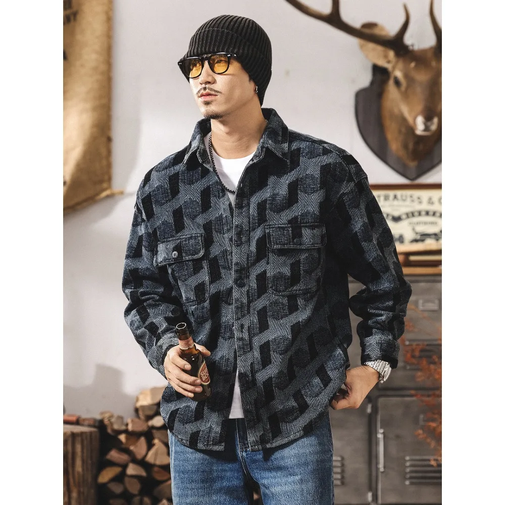 A retro heavyweight Chenille workwear shirt for men, a loose spring and autumn new high-end brushed coat