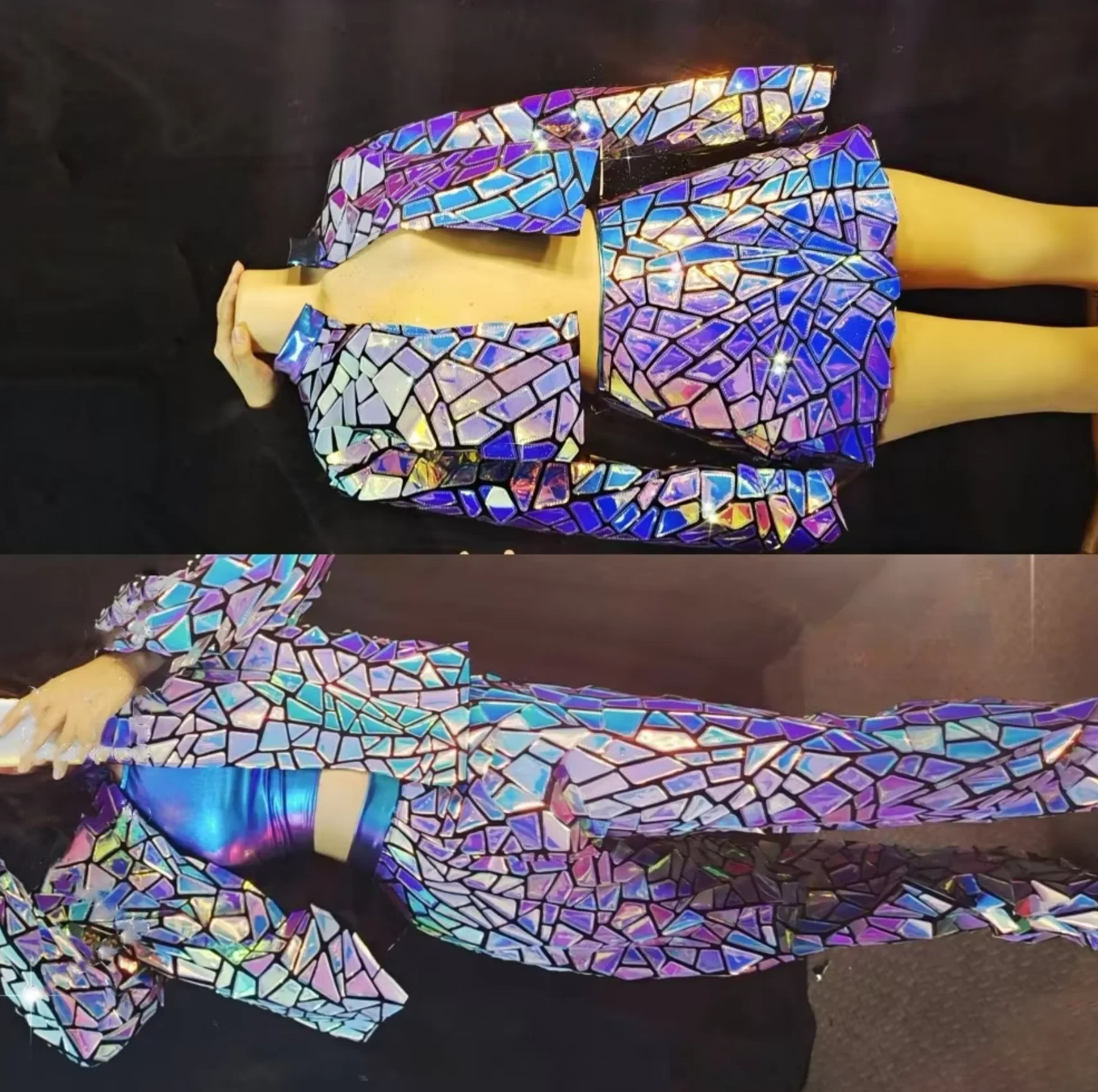 

Зеркальная куртка с блестками, жилет и брюки, комплект певицы, вечерние шоу, фиолетовое, синее, лазерное платье, костюм для ночного клуба, джазового танца