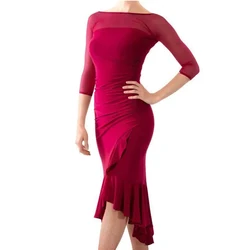 Latin Dance dress Gauze 3 quarter Sleeve Catch Wrinkled Waist Irregular Pendulum Ballroom Dancing Practice Dress W18007