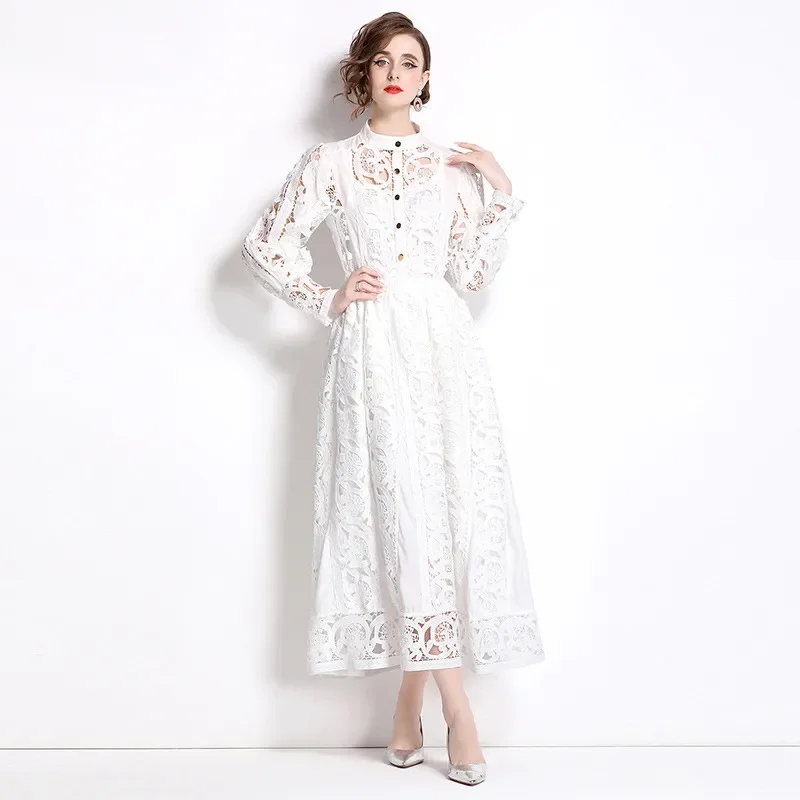 Elegant French Style High-Waisted Hollow Out Skirt Cardigan Embroidered Shirt Two-Piece Set New Arrival 2024 Fashion Trend