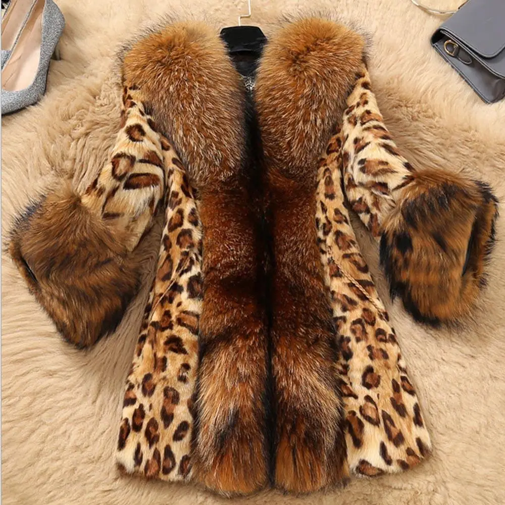 

Fashion Winter Fur Jacket Women's Medium and Long Leopard Print Imitation Raccoon Fur Collar Artificial Warm Coat Light Luxury