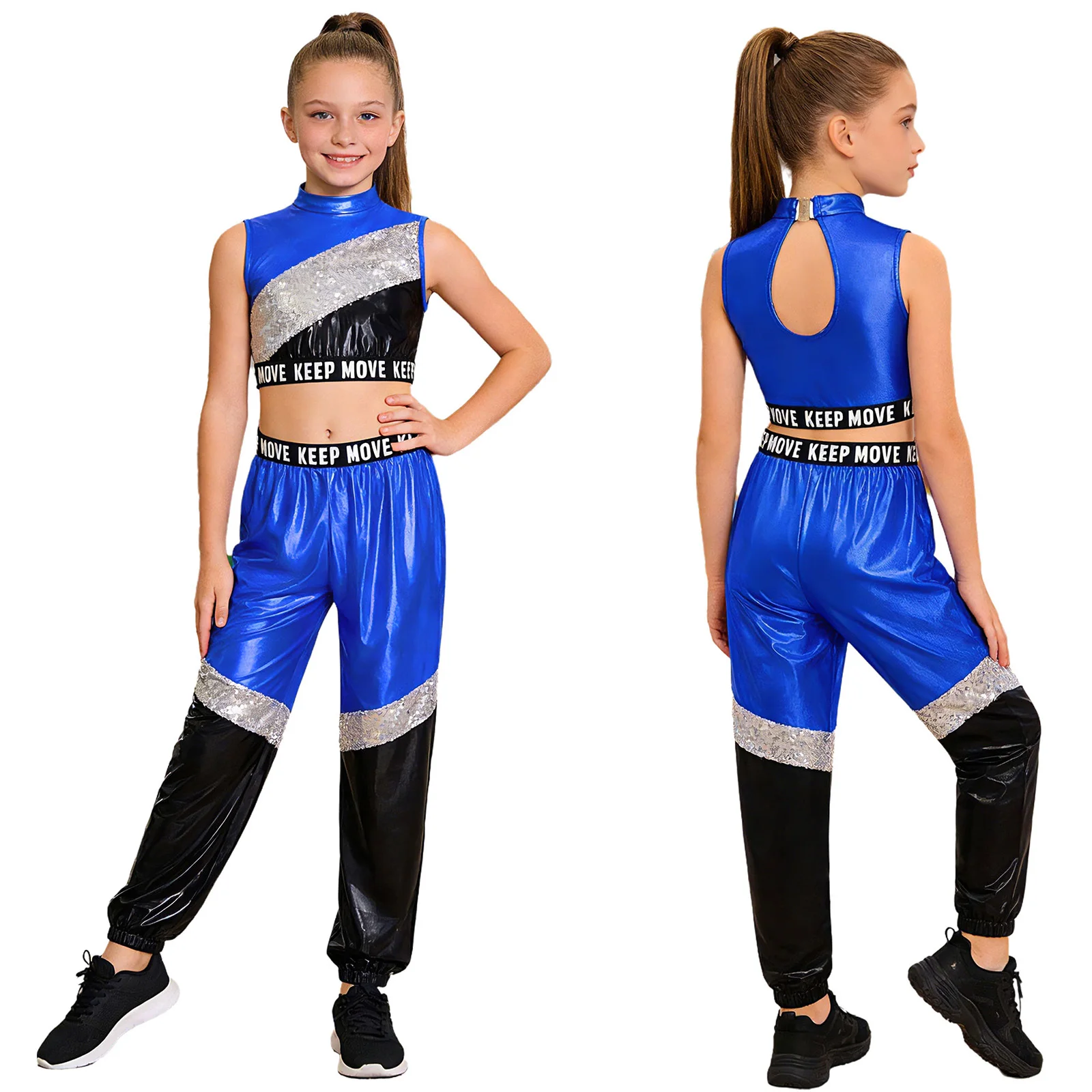 Kids Girls Hip Hop Jazz Street Dance Outfit School Party Dancewear Metallic Shiny Letter Print Sequins Crop Vest Top with Pants