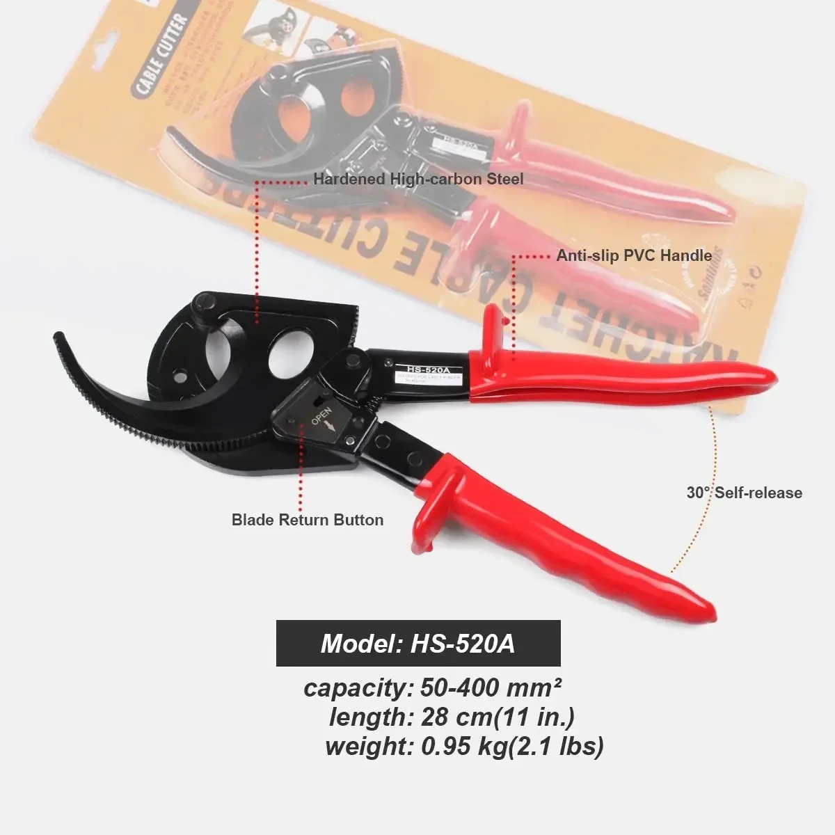 Ratchet Cable Cutter, Heavy Duty Wire Cutter for Aluminum Copper Cable up to 400mm², Ratcheting Wire Cutting Hand Tool