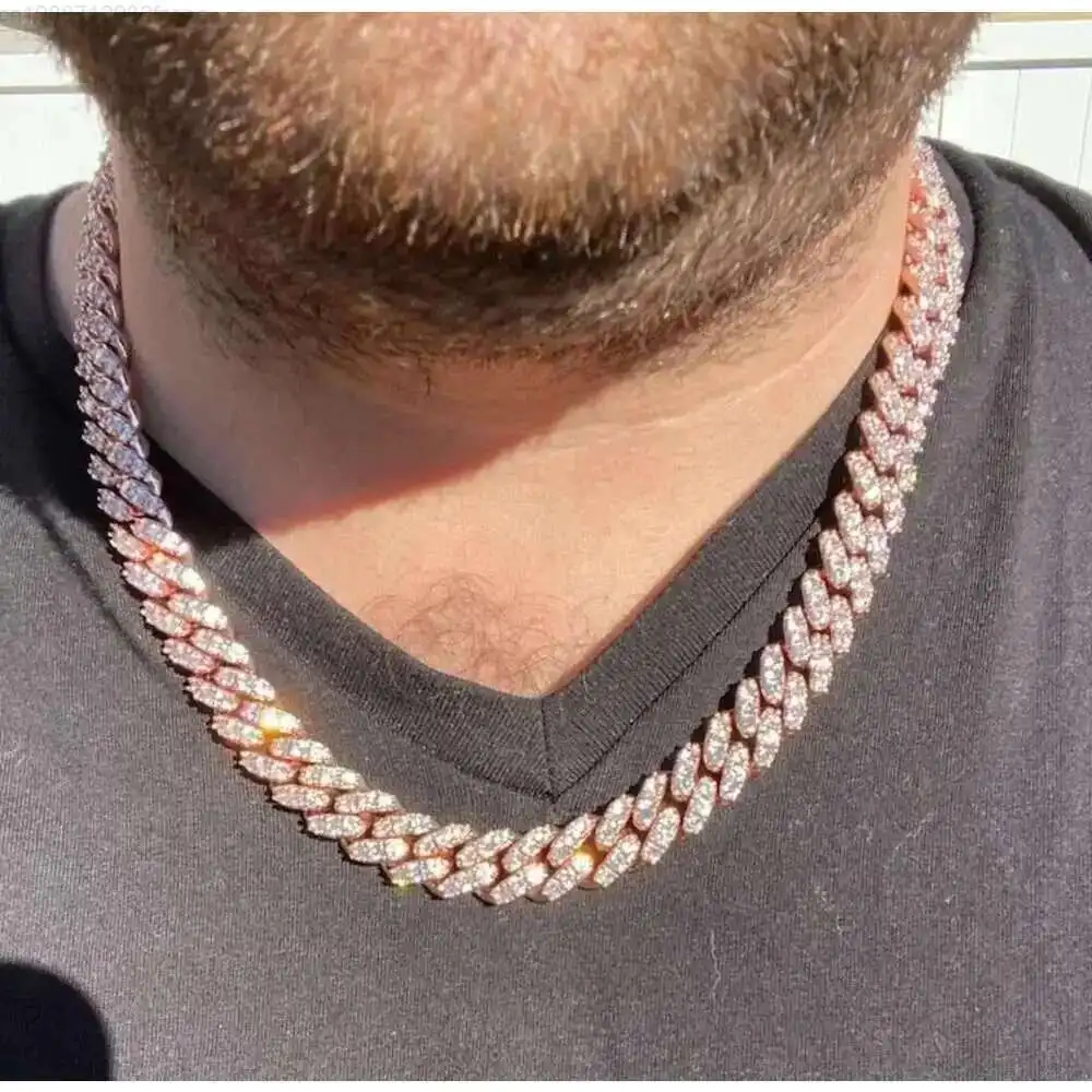 

14k Rose Gold Cuban Necklace Chain Hip Hop Jewelry Pass Diamond Test 12mm Moissanite Diamond Cuban Necklace