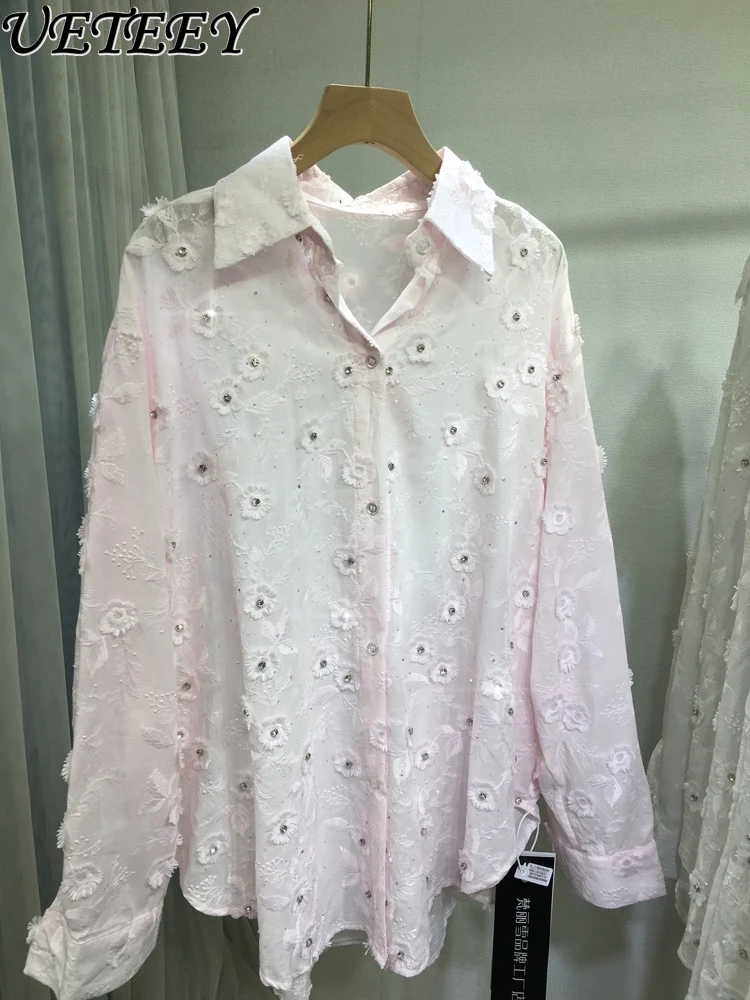 

Heavy Industry Embroidered Blouse Women's Solid Color Beads Loose Mid-length Tops Lady Temperament Summer Sunscreen Shirt