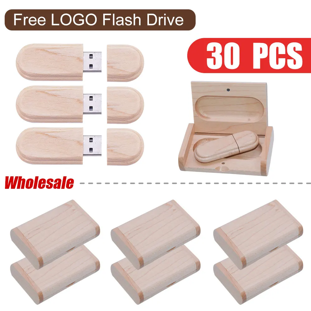 30PCS/LOT USB 2.0 Wooden Flash Drive Pendrive Memory Stick+Gift Box 4GB 8GB 16GB 32GB 64GB U Disk Wedding Gift Free Logo